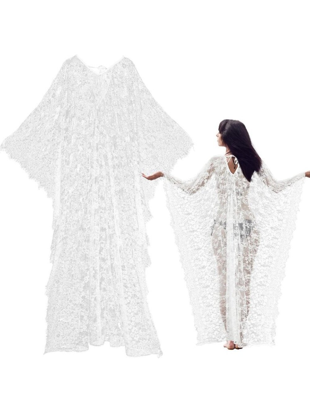 Women's Boho Witch Lace Kimono Kaftan Beach Cover Up Maternity Robe-White